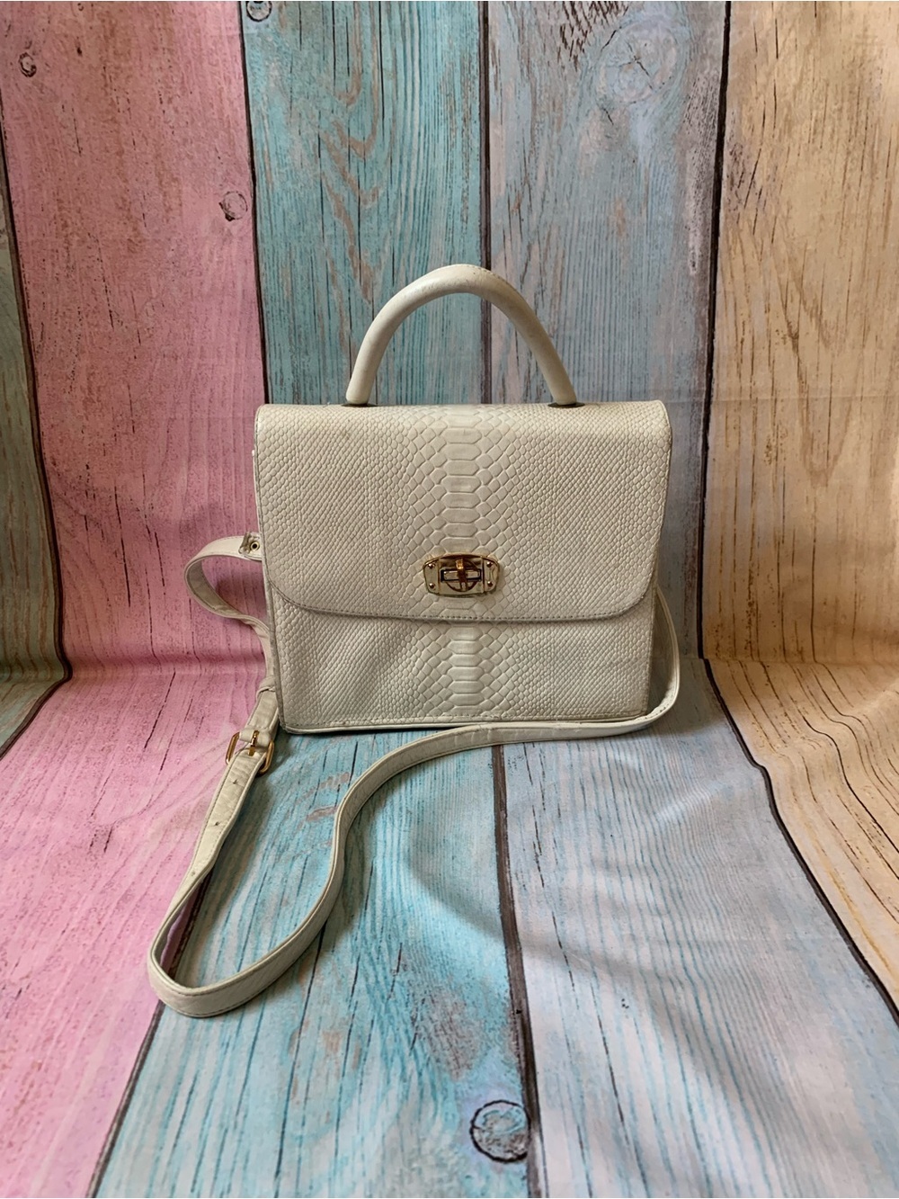 White Structured Top-Handle Crossbody Bag with Gold Turn-Lock